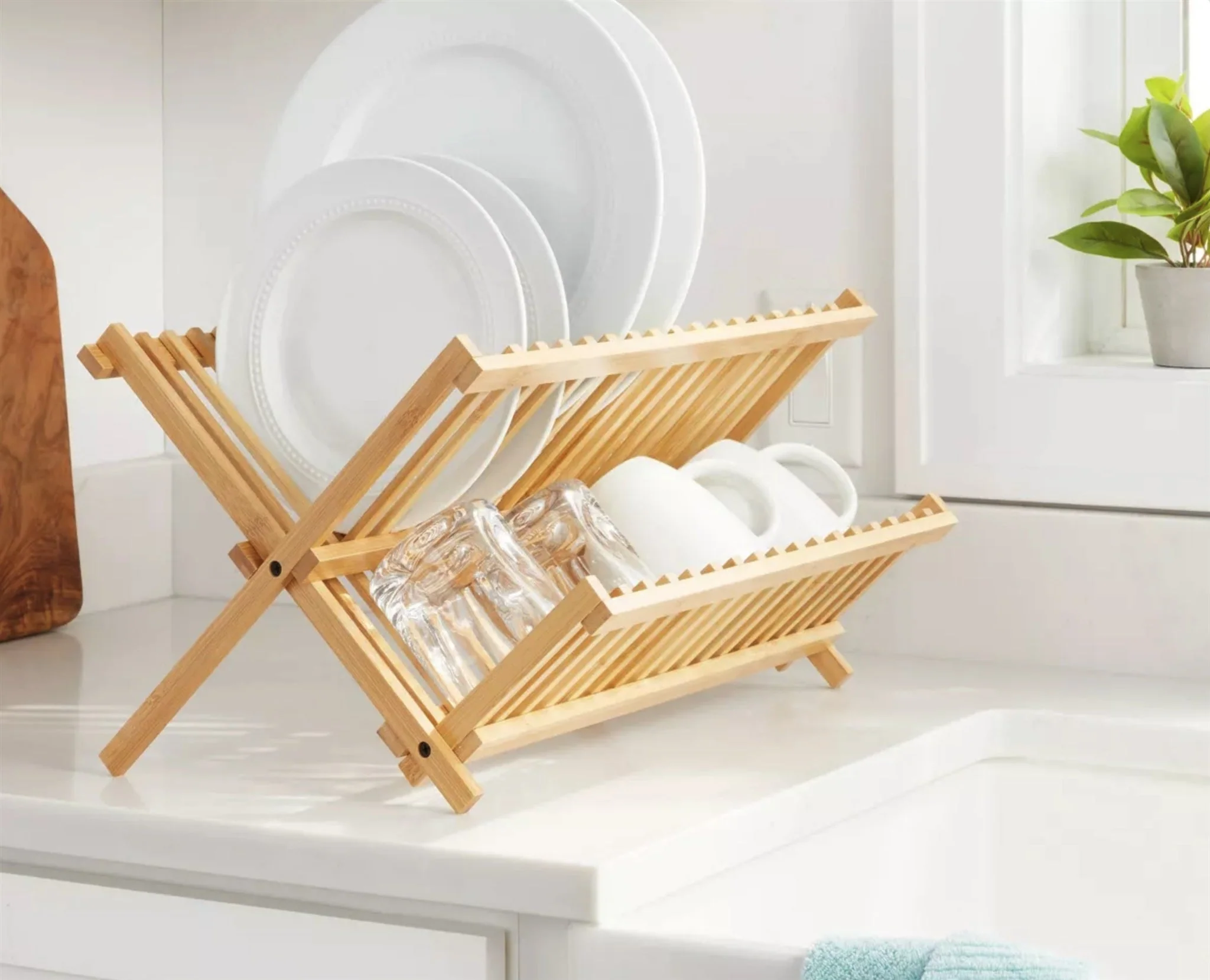 Bamboo Dish Drying Rack - 2-Tier Foldable Dish Rack for Kitchen Counter - Kaedas