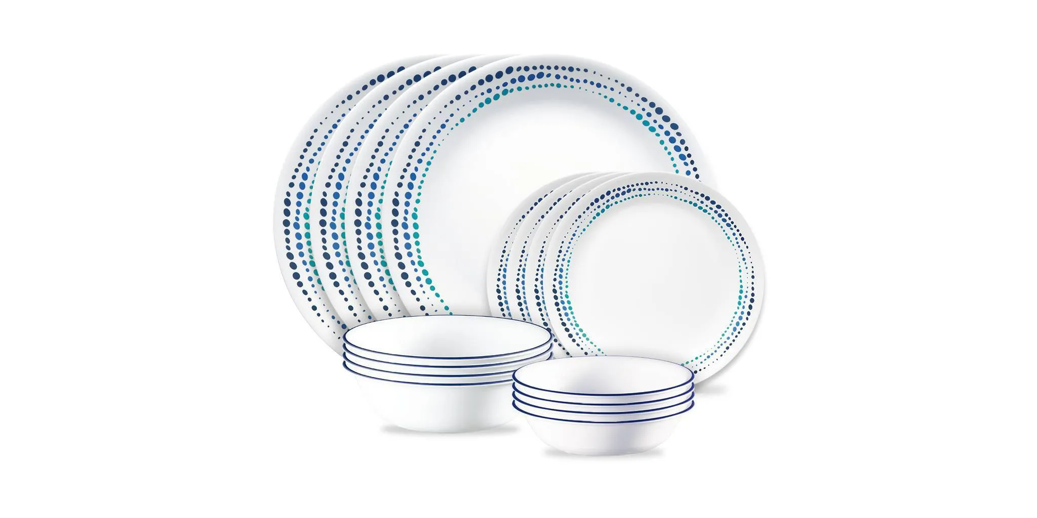 16pc Vitrelle Ocean Blues Dinnerware Set: Polka Dot Plates & Bowls, Service for 4 - Kaedas