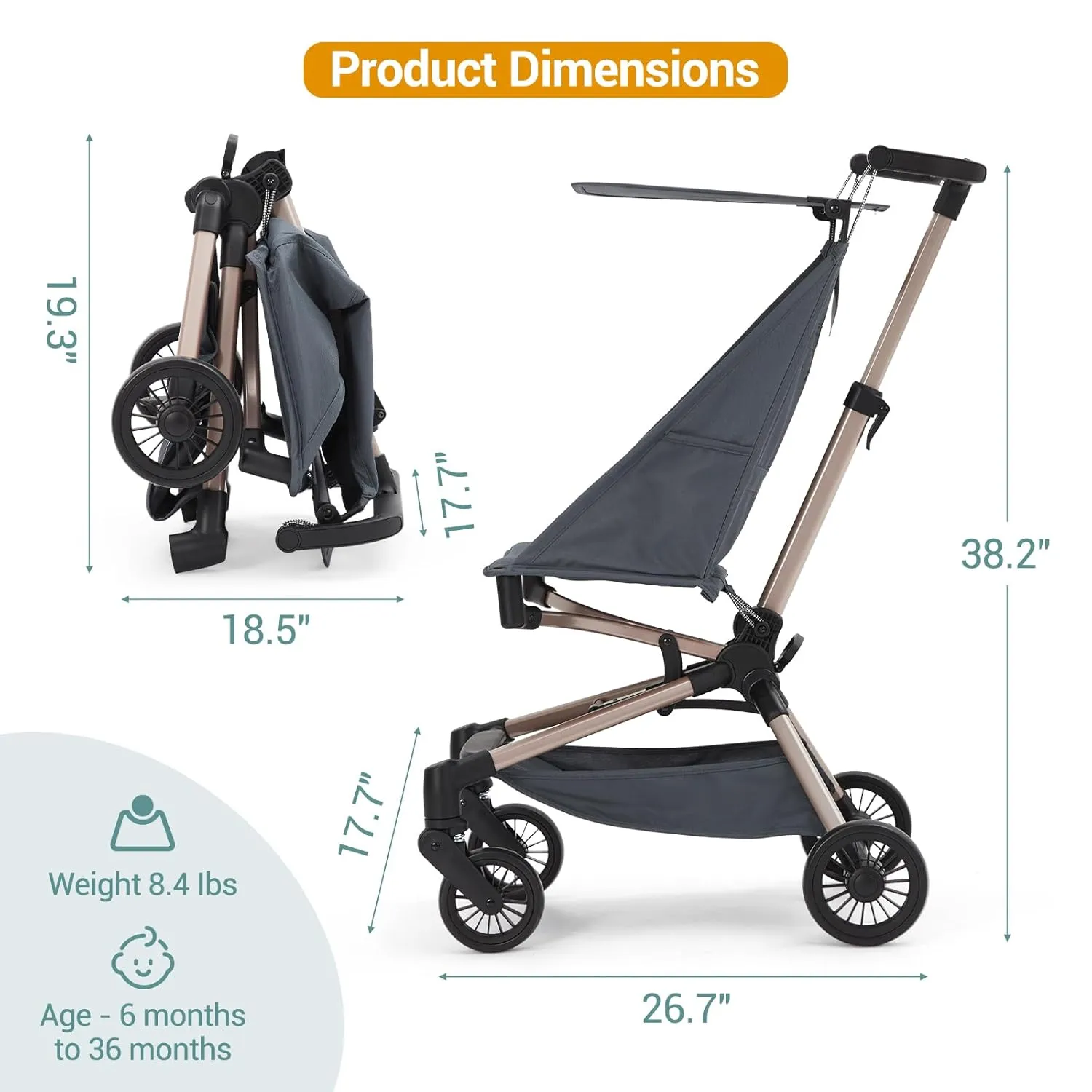 Lightweight Baby Stroller Under 10 lbs, Travel Strollers for Airplane with Carry Bag, One-Handed Fold Compact Umbrella Stroller - Adjustable Sun Canopy, 360° Wheels - Kaedas
