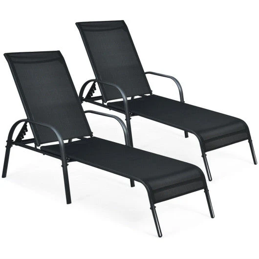 2 Pcs Outdoor Patio Lounge Chair Chaise Fabric With Adjustable Reclining Armrest - Kaedas