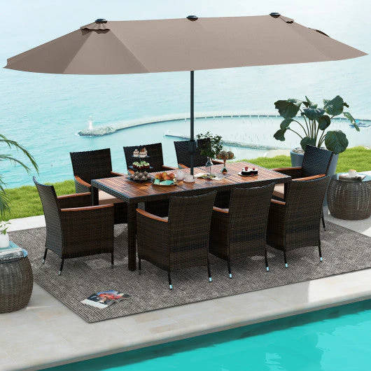 11 Pieces Patio Dining Set With 15 Feet Double-Sided Patio Umbrella and Base-Coffee - Kaedas