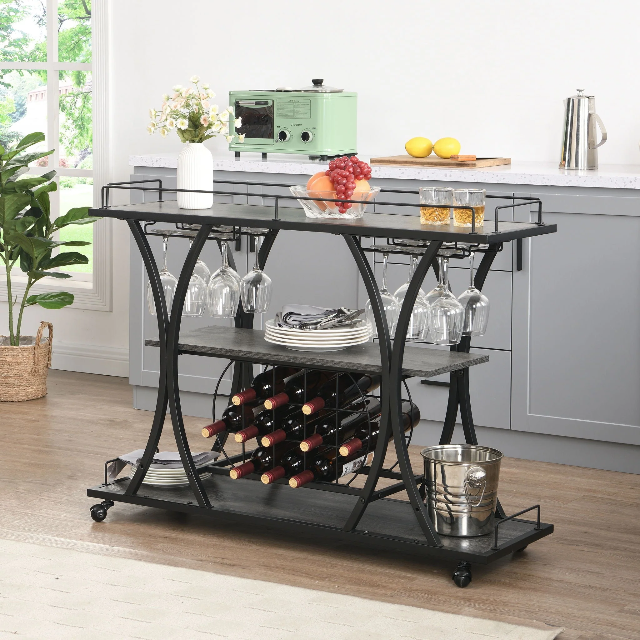 Industrial Bar Cart Kitchen Bar & Serving Cart for Home With Wheels 3 Tier Storage Shelves - Black / Gray - Kaedas