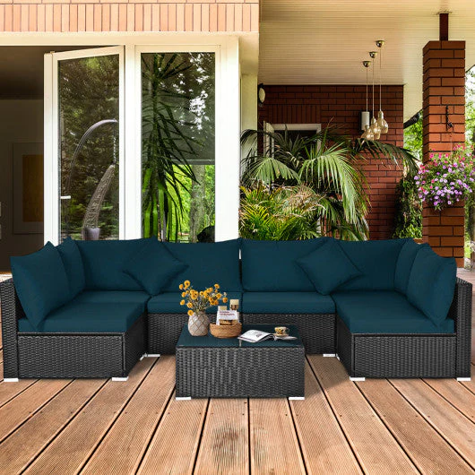 7 Pieces Sectional Wicker Furniture Sofa Set With Tempered Glass Top-Peacock Blue - Kaedas