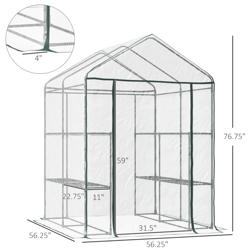 Outsunny 5' x 5' x 6' Mini Walk-in Greenhouse Kit, Portable Green House with 3 Tier Shelves, Roll-Up Door, and Weatherized Plastic Cover for Backyard Garden - Clear - Kaedas