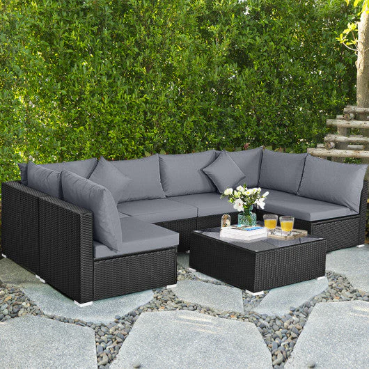 7 Pieces Sectional Wicker Furniture Sofa Set With Tempered Glass Top Coffee Table-Gray - Kaedas