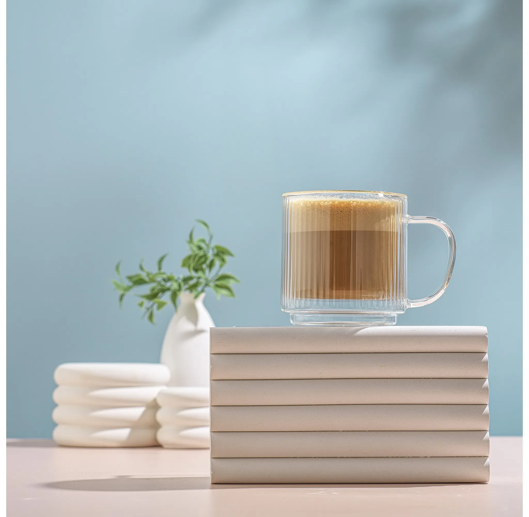 Haven Double Wall Glass Mugs - 13.5 Oz, Stackable Set of 2 - Kaedas