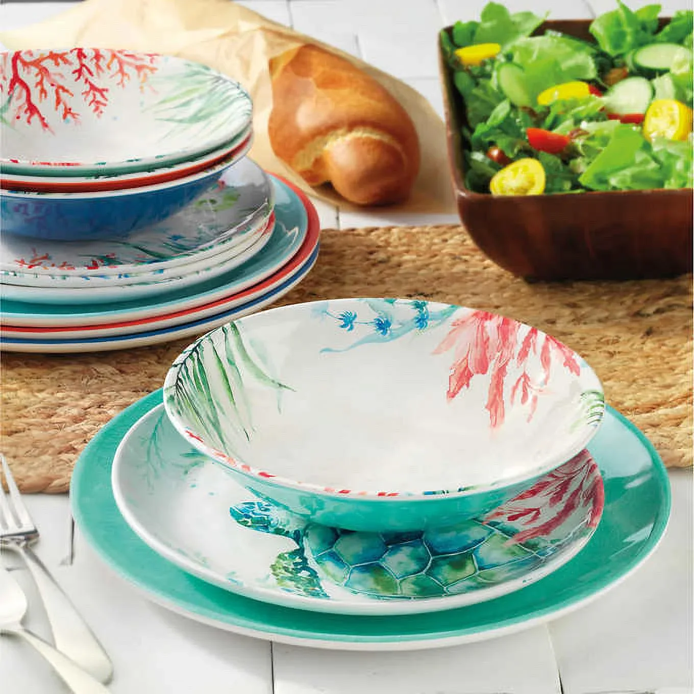 Sealife Melamine Dinnerware 12-Piece Set Dishwasher Safe - Kaedas