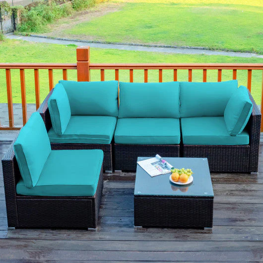 5 Pieces Cushioned Patio Rattan Furniture Set With Glass Table-Turquoise - Kaedas