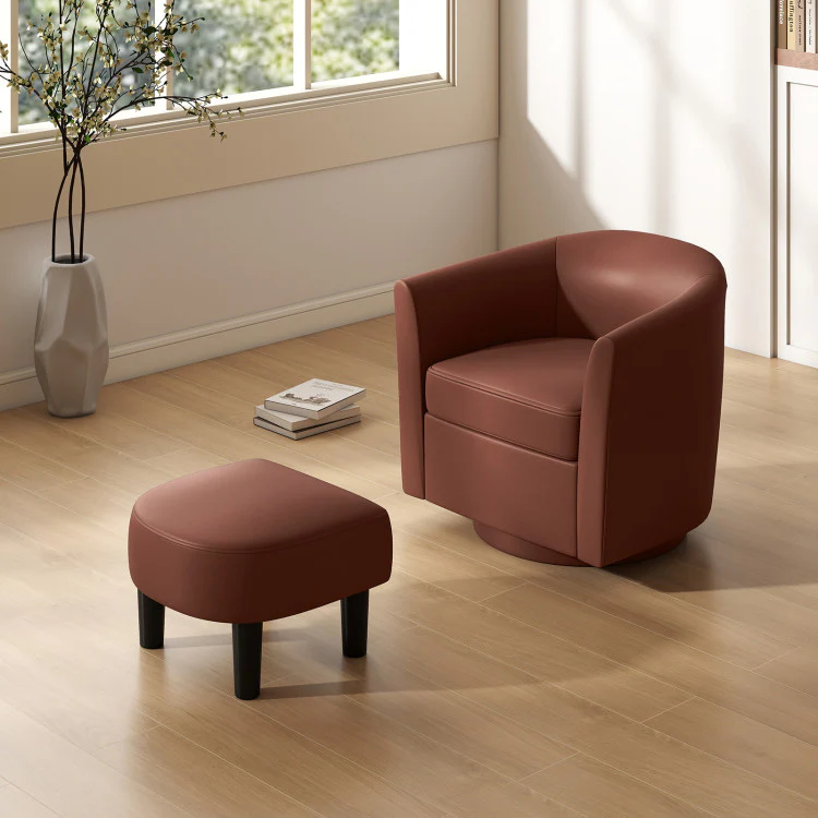 Modern Club Swivel Accent Chair With Ottoman Footrest Curved Backrest-Brown - Kaedas