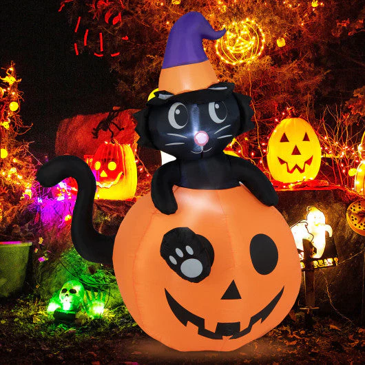 5 Feet Inflatable Halloween Pumpkin With Witch's Black Cat - Kaedas