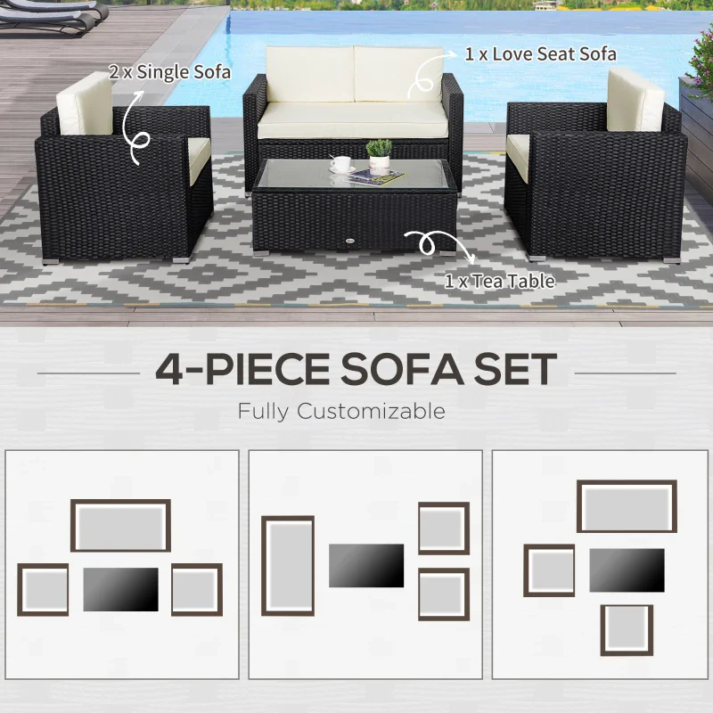 Outsunny 4 Piece Wicker Patio Furniture Set with Cushions -  White - Kaedas