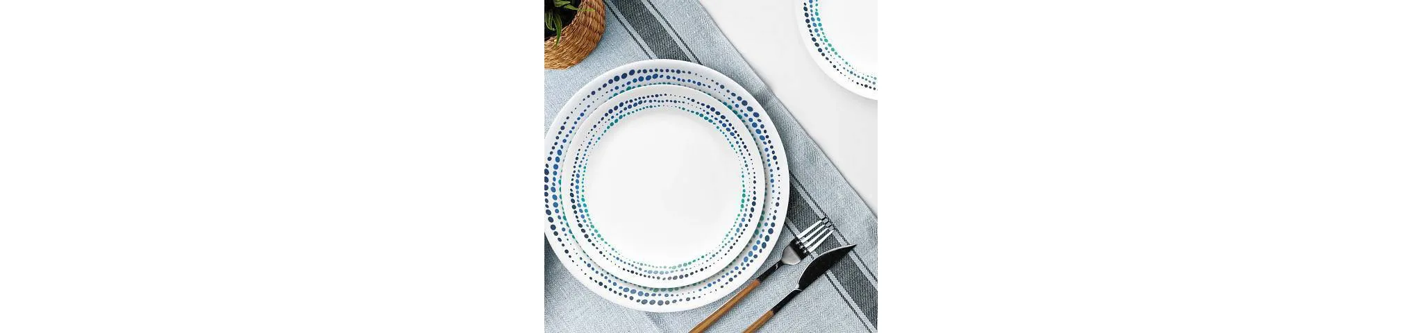 16pc Vitrelle Ocean Blues Dinnerware Set: Polka Dot Plates & Bowls, Service for 4 - Kaedas
