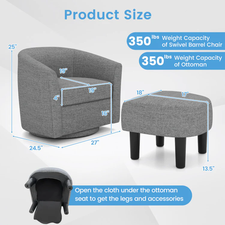 Modern Club Swivel Accent Chair With Ottoman Footrest Curved Backrest-Beige - Kaedas