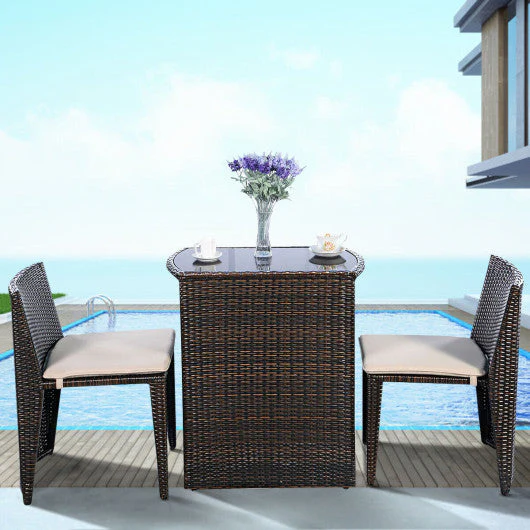 3 Pieces Cushioned Wicker Patio Bistro Set With No Assembly Needed - Kaedas