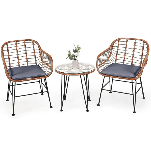 3 Pieces Patio Rattan Bistro Set With Cushion-Gray - Kaedas