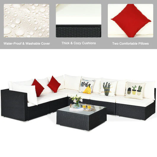 7 Pieces Sectional Wicker Furniture Sofa Set With Tempered Glass Top-White & Navy - Kaedas