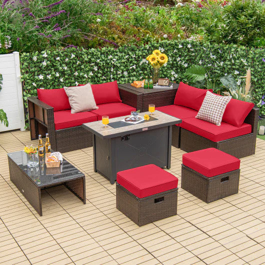9 Pieces Outdoor Patio Furniture Set With 42 Inch Propane Fire Pit Table-Red - Kaedas