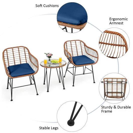 3 Pieces Patio Rattan Bistro Set With Cushion-Navy - Kaedas