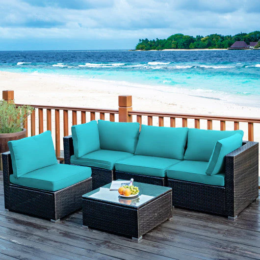 5 Pieces Cushioned Patio Rattan Furniture Set With Glass Table-Turquoise - Kaedas