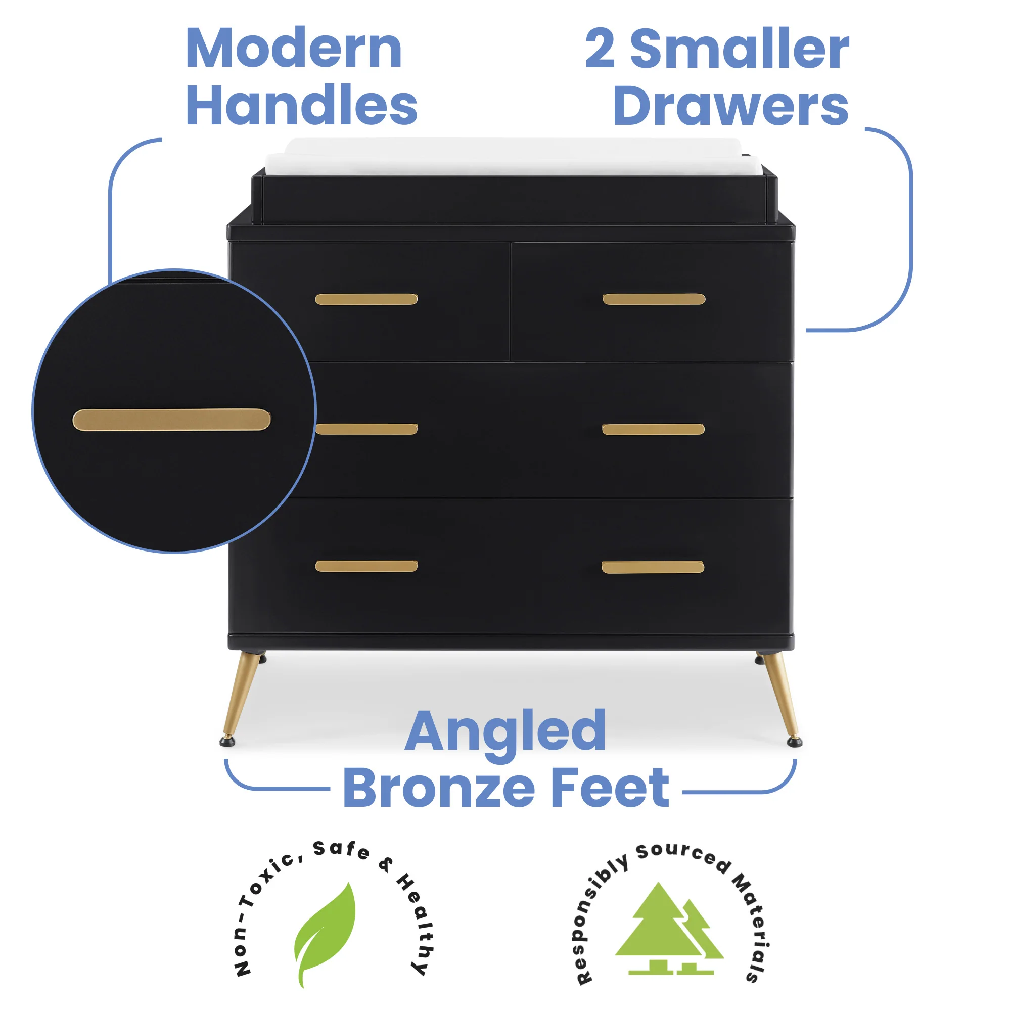 Sloane 4 Drawer Dresser With Changing Top and Interlocking Drawers - Ebony with Melted Bronze - Kaedas