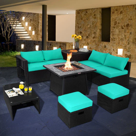 9 Pieces Outdoor Wicker Sectional With 35 Inch Gas Fire Pit Table-Turquoise - Kaedas