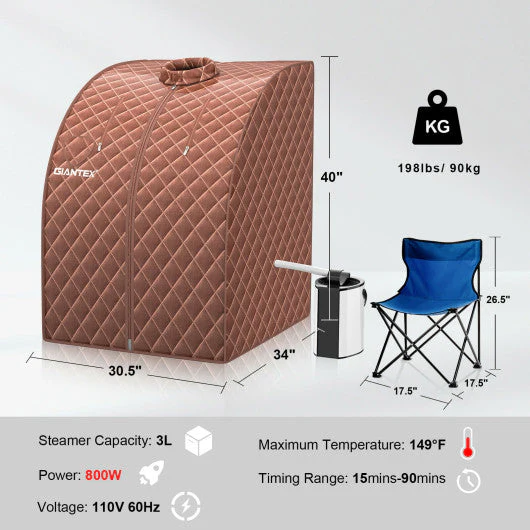 Portable Personal Steam Sauna Spa With 3L Blast-Proof Steamer Chair-Coffee - Kaedas