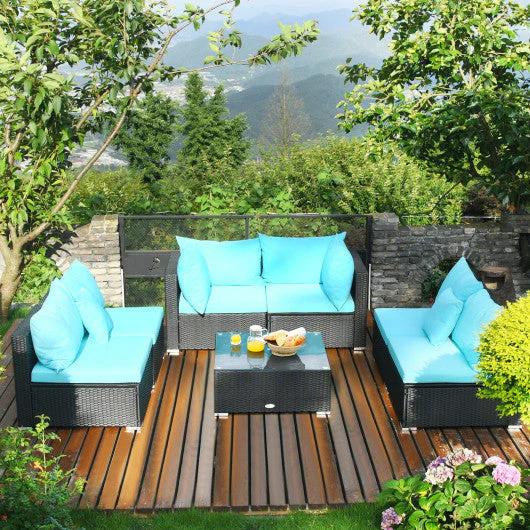 7-Piece Outdoor Sectional Wicker Patio Sofa Set With Tempered Glass Top-Blue - Kaedas