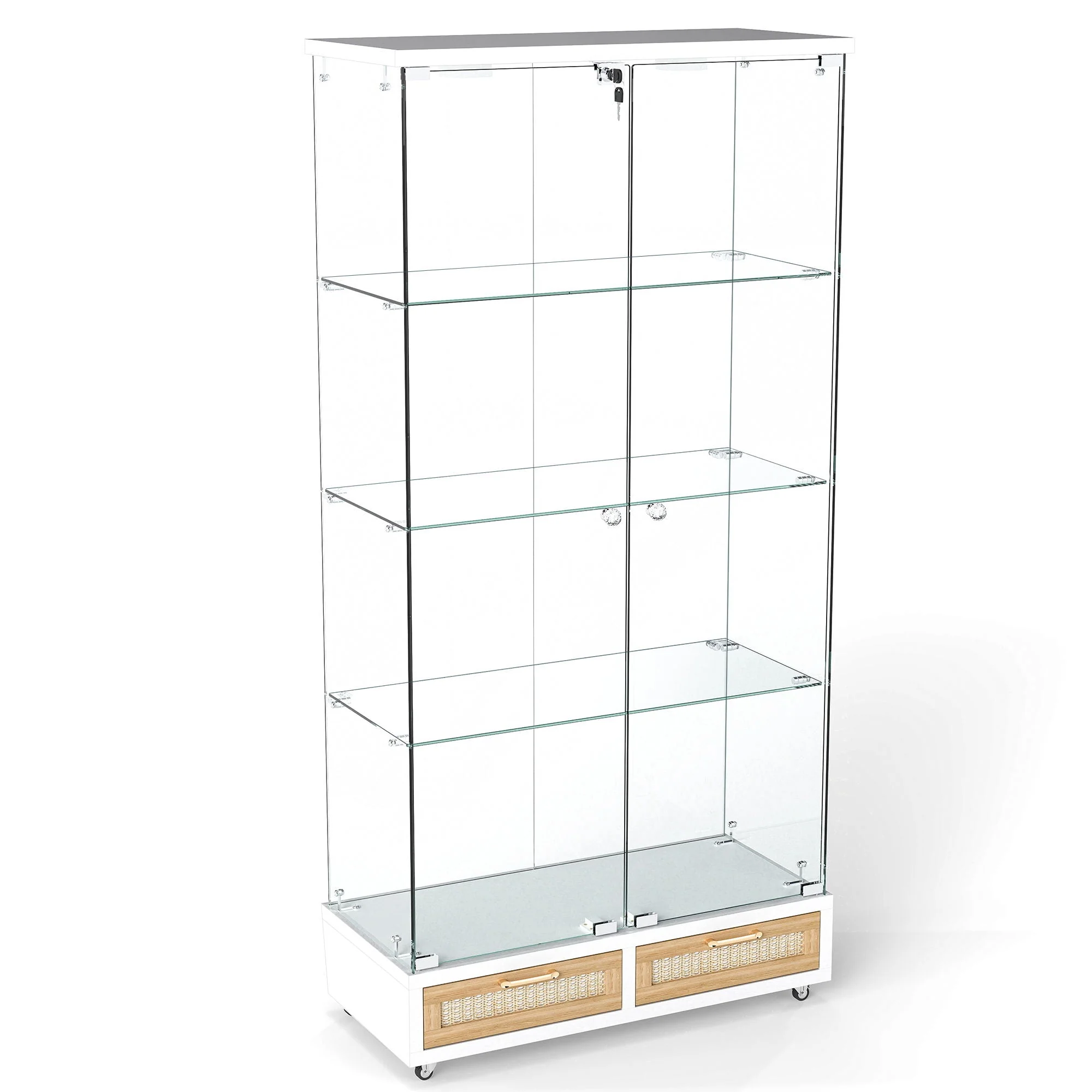 Glass Display Cabinet With LED Lights, Tempered Glass Doors, Large Drawers, 2 Door Storage Case With 4 Shelves - Natural / White - Kaedas