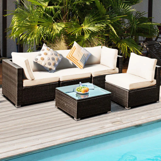 5 Pieces Cushioned Patio Rattan Furniture Set With Glass Table-White - Kaedas