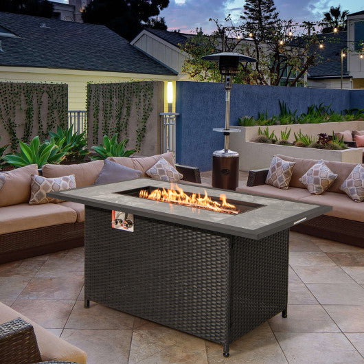 52 Inch Rattan Wicker Propane Fire Pit Table With Rain Cover and Lava Rock-Black - Kaedas