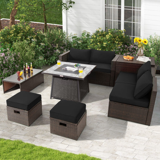 9 Pieces Patio PE Wicker Sectional Set With 50000 BTU Fire Pit Table-Black - Kaedas