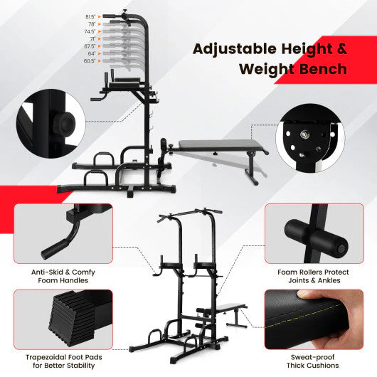 Power Tower Pull Up Bar Stand With Adjustable Heights and Bench - Kaedas