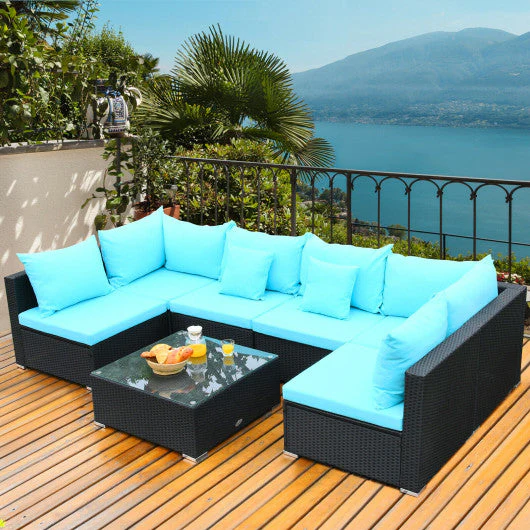 7-Piece Outdoor Sectional Wicker Patio Sofa Set With Tempered Glass Top-Blue - Kaedas