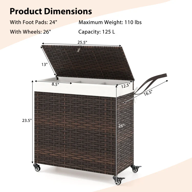 Laundry Hamper With Wheels and Lid-Brown - Kaedas