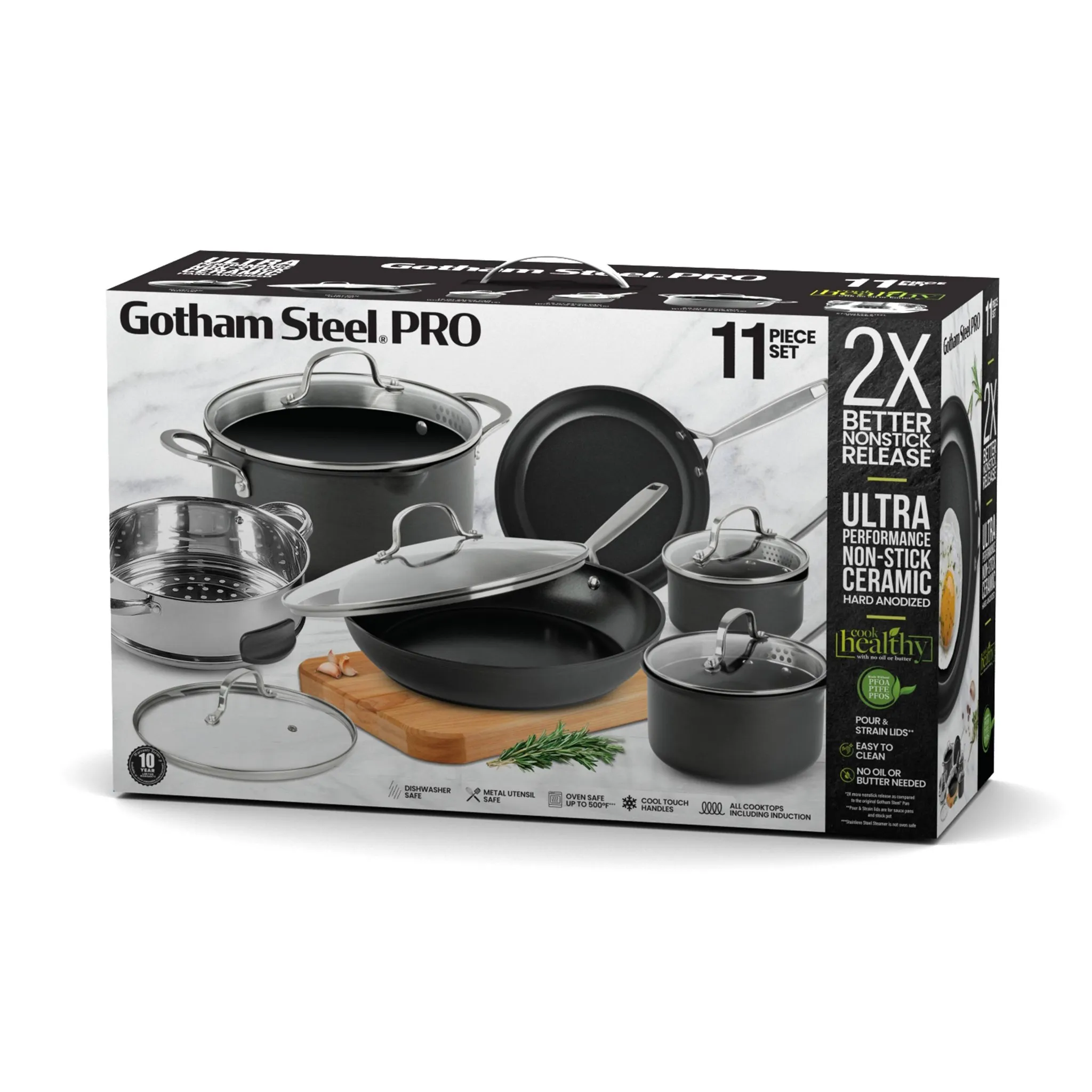 Pro 2x Nonstick 11pc Hard Anodized Aluminum Ceramic Cookware Set: Dishwasher-Safe, Induction & Gas Compatible - Kaedas