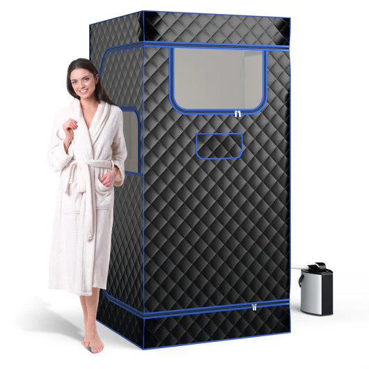 Portable Steam Sauna With 3L Steam Generator Remote Control Wood Foot Massager and Foldable Chair for Home-Black - Kaedas