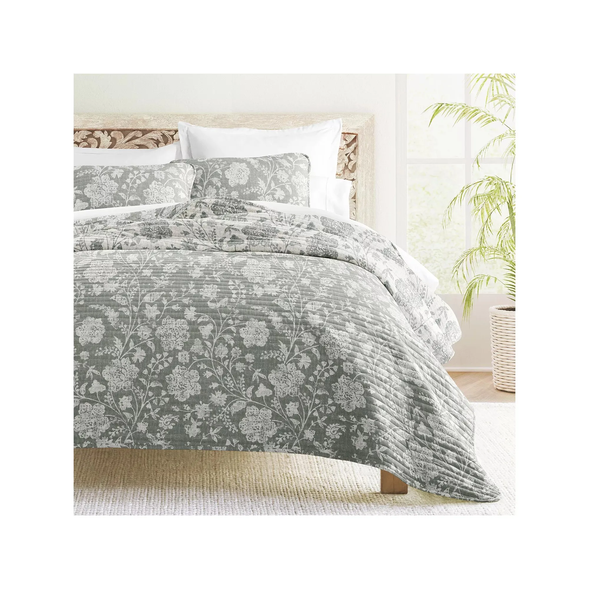 Textured Floral Reversible Quilt Set - Full/Queen Eucalyptus - Kaedas
