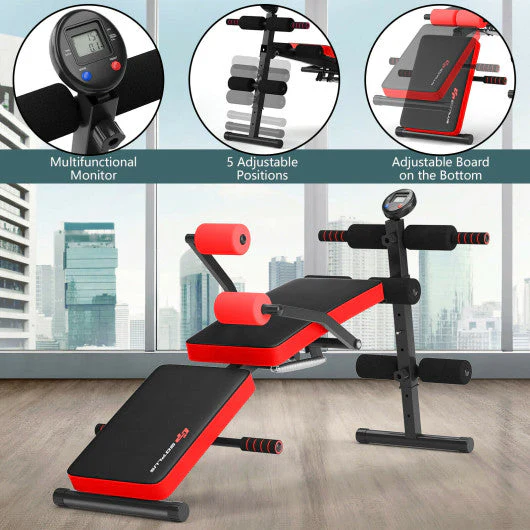 Adjustable Sit Up Bench With LCD Monitor-Red - Kaedas