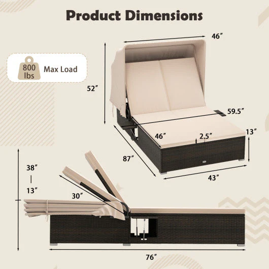 Patio Double Chaise Lounge With Shade Cushions and Folding Side Trays-Beige - Kaedas