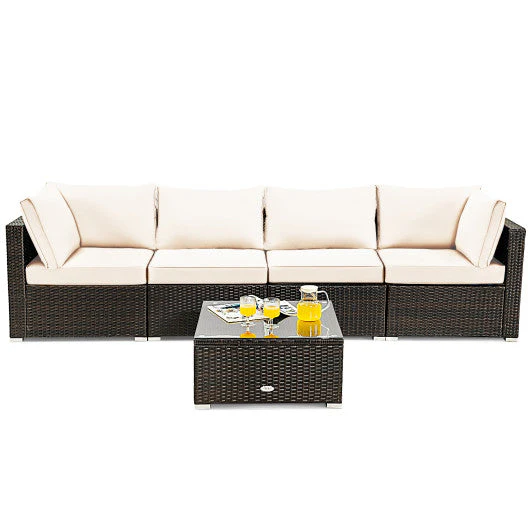 5 Pieces Cushioned Patio Rattan Furniture Set With Glass Table-White - Kaedas