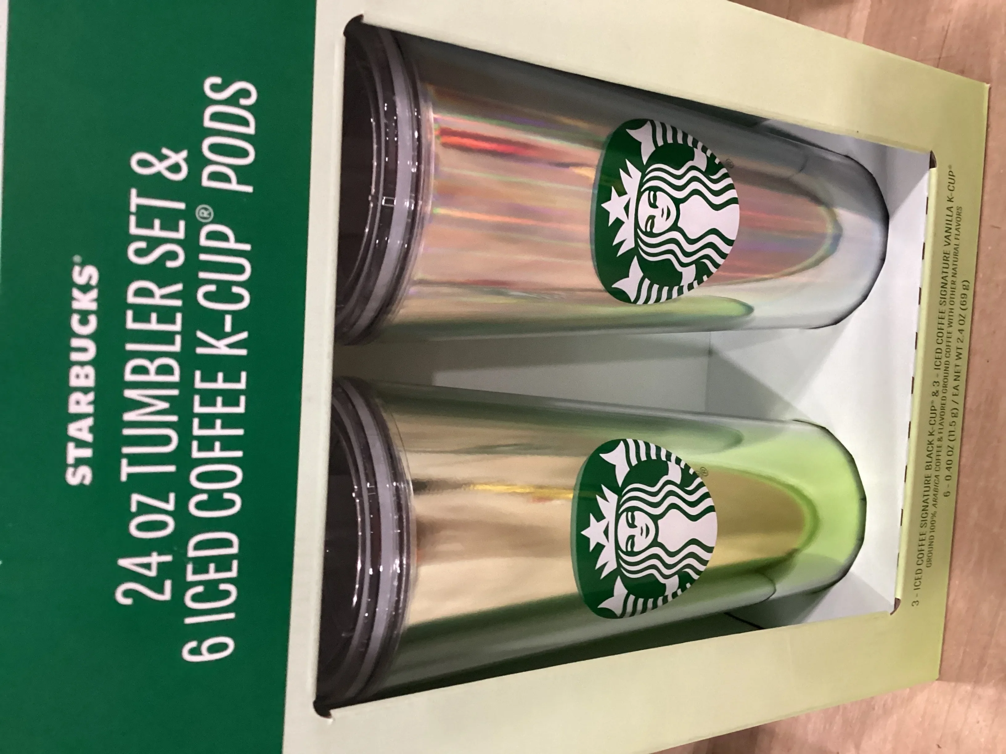 Starbucks Gift Set 2-24 Oz Tumbler 6 Iced Coffee K-Cup Pods Shiny Green & Silver - Kaedas