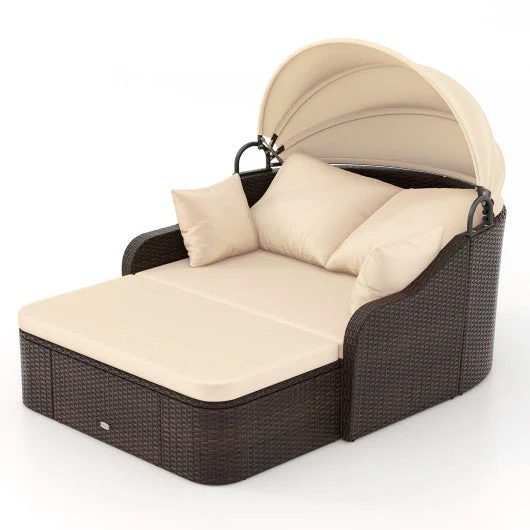Patio PE Rattan Daybed With Retractable Canopy and Soft Cushions-Beige - Kaedas