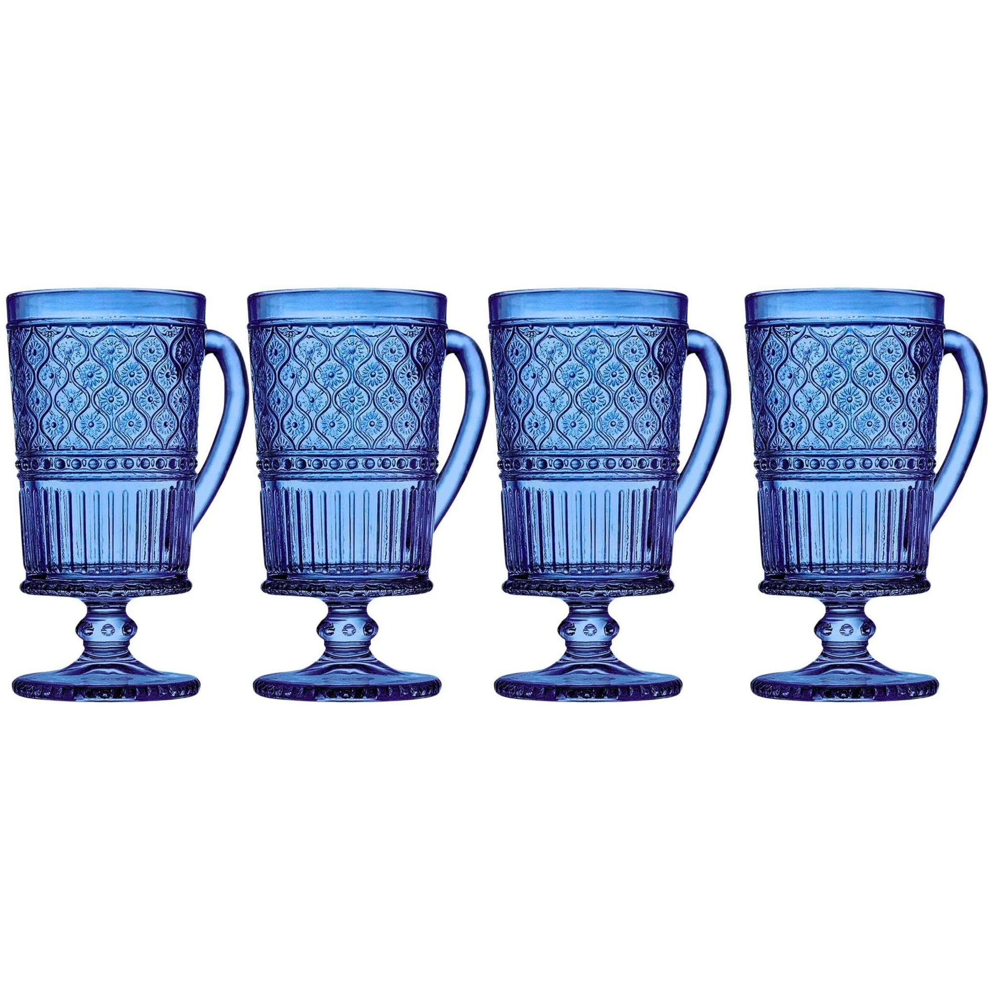 Set of 4 Claro Footed Coffee Mugs - Blue Crystal Drinkware, 12 oz Capacity - Kaedas