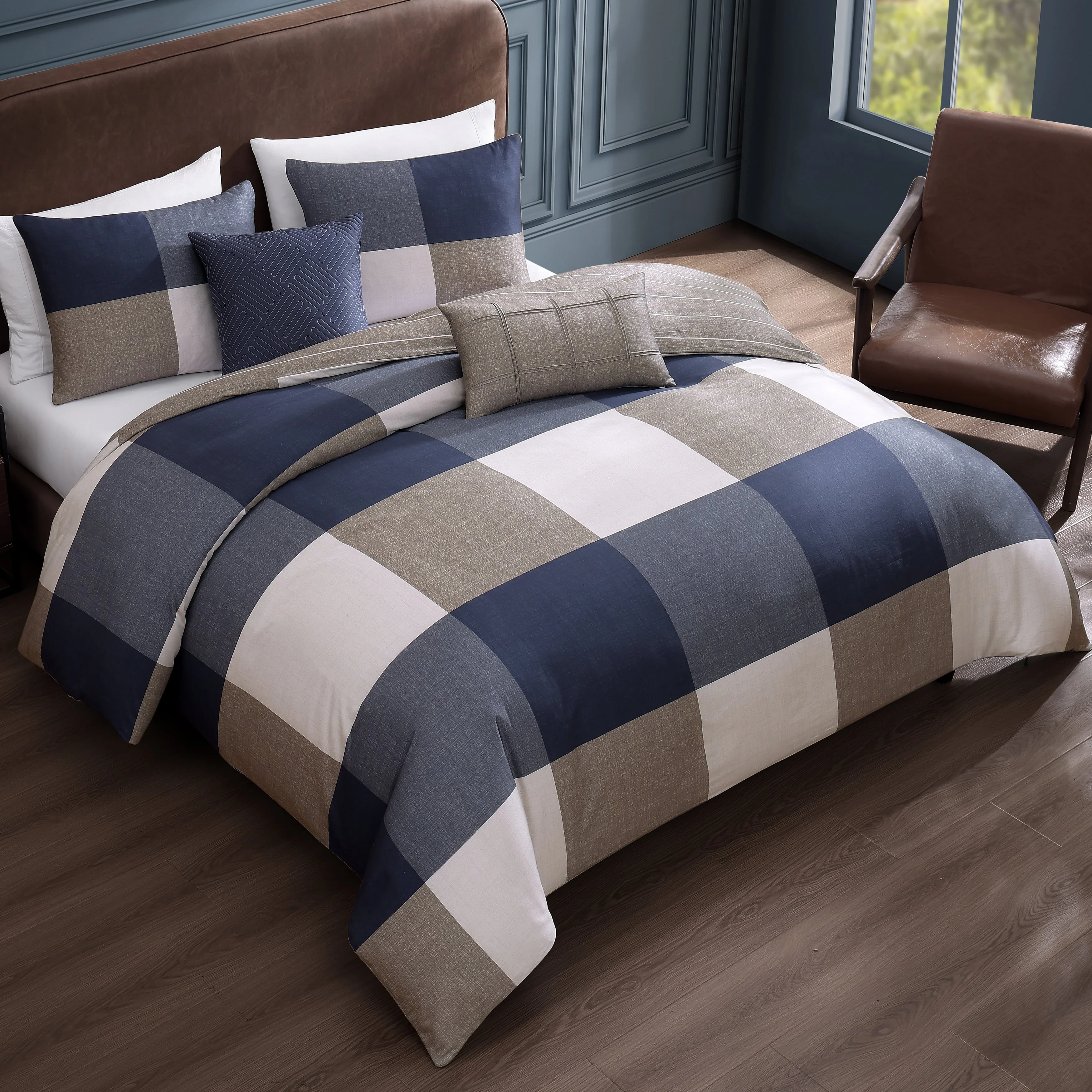 Bebejan Checkered Navy Tan 5 Piece Reversible Comforter Set - Kaedas