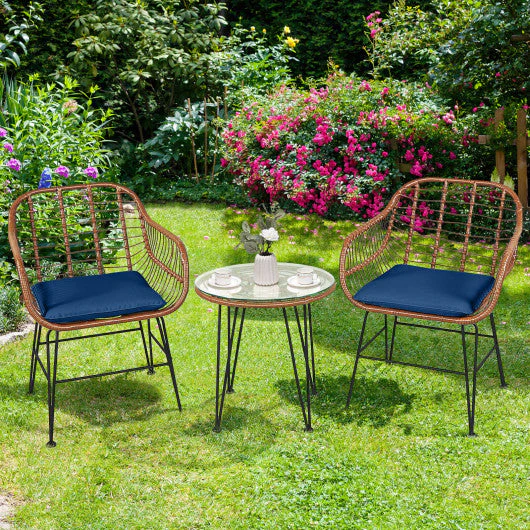 3 Pieces Patio Rattan Bistro Set With Cushion-Navy - Kaedas