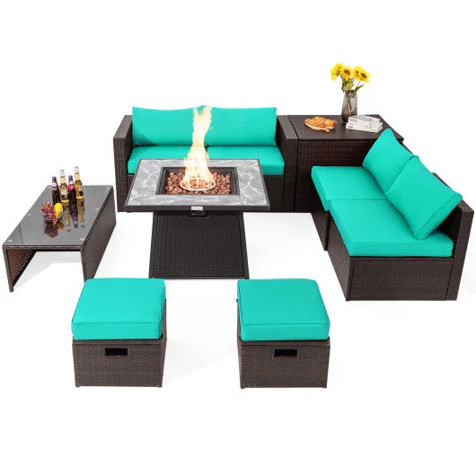 9 Pieces Patio PE Wicker Sectional Set With 50000 BTU Fire Pit Table-Turquoise - Kaedas