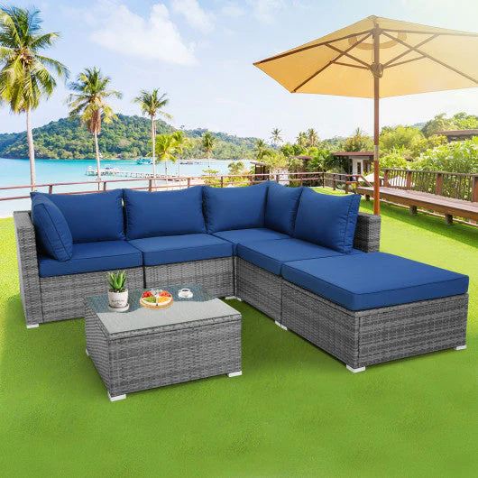 6 Pieces Outdoor Rattan Sofa Set With Seat and Back Cushions-Navy - Kaedas