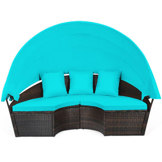 Patio Round Rattan Daybed With Retractable Canopy and Height Adjustable Coffee Table-Turquoise - Kaedas
