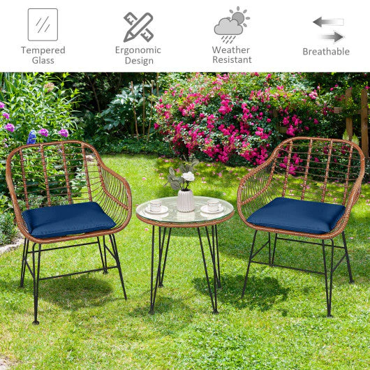3 Pieces Patio Rattan Bistro Set With Cushion-Navy - Kaedas
