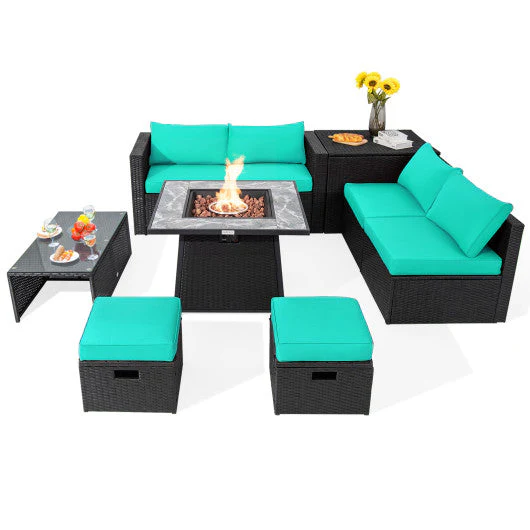 9 Pieces Outdoor Wicker Sectional With 35 Inch Gas Fire Pit Table-Turquoise - Kaedas
